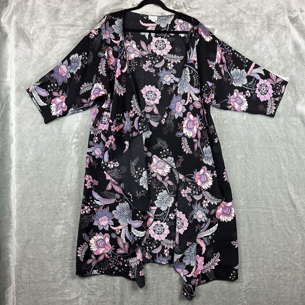 LuLaRoe Kimono Women's L Black w/ Blue Pink Floral Pattern Shirley